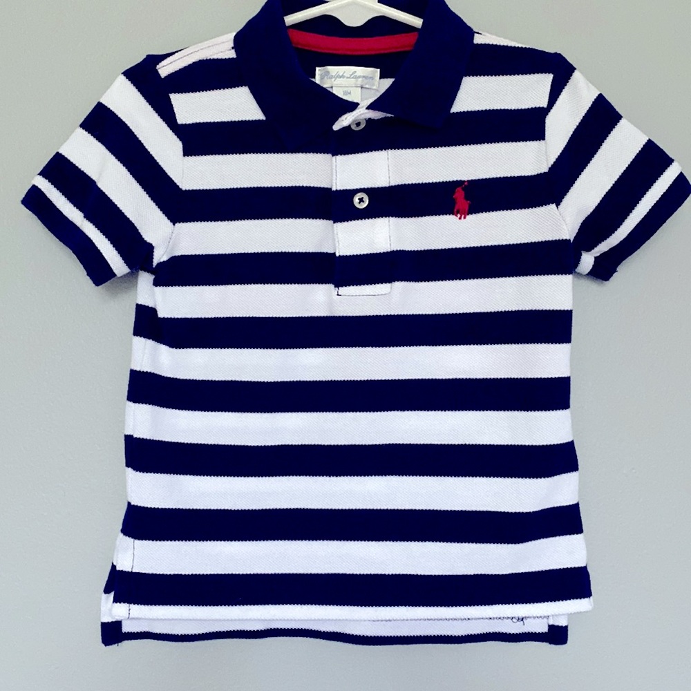 Ralph Lauren Baby Boy Polo Shirt, Navy Blue and White Striped, 18M